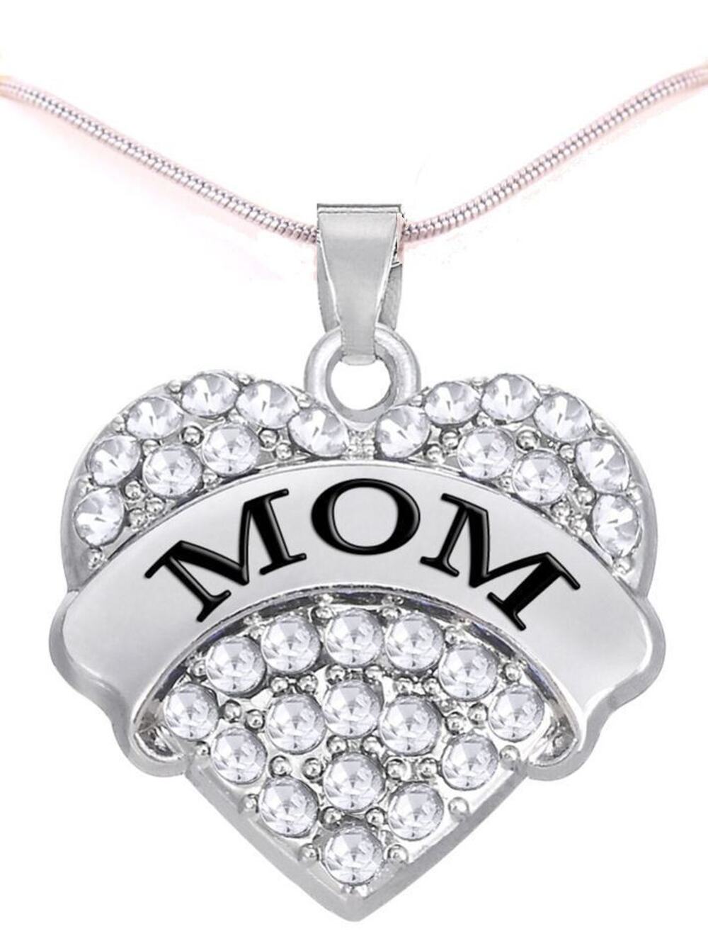 Stainless Steel Sparkling Crystal MOM Heart Pendant Necklace with 18" Chain